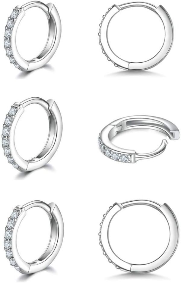 925 Sterling Silver Small Hoop Earrings Cubic Zirconia Huggie Hoop Earrings, 3 Pairs 14K White Gold Plated Cartilage Piercing Earrings Ear Cuff Tiny Hoop Earrings for Women Men