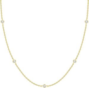 14K Gold Plated Station Necklace - Simulated Diamond Layering Necklaces - Womens CZ Chain