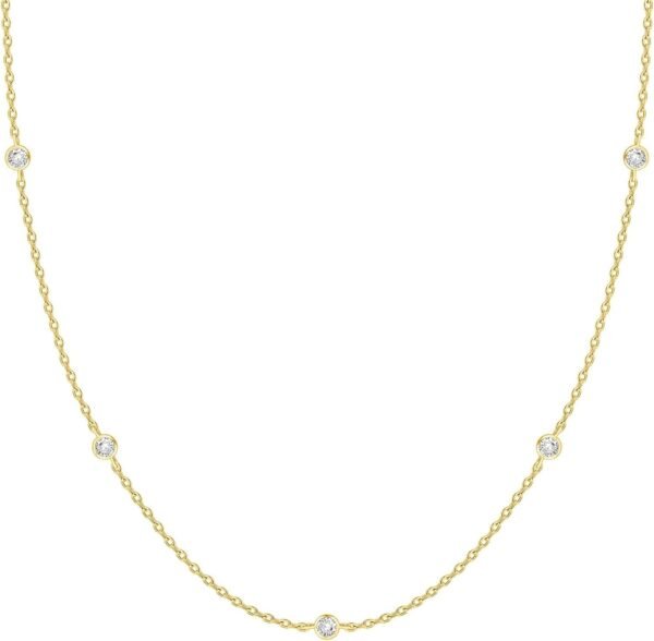 14K Gold Plated Station Necklace - Simulated Diamond Layering Necklaces - Womens CZ Chain
