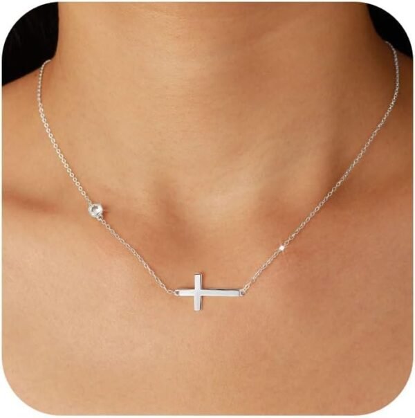 51JkodzHm-L._AC_SL1500.jpg 925 Sterling Silver Cross Necklace for Women Dainty CZ Horizontal Cross Pendant Necklaces Birthstone Charm Chain for Mom Sideway Crucifix Cross Faith Choker Necklace Halloween Christmas Jewelry Gifts