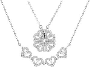 Sterling Silver Heart Shaped and Four Leaf Clover Convertible Pendant Necklace Crystals Jewelry for Women