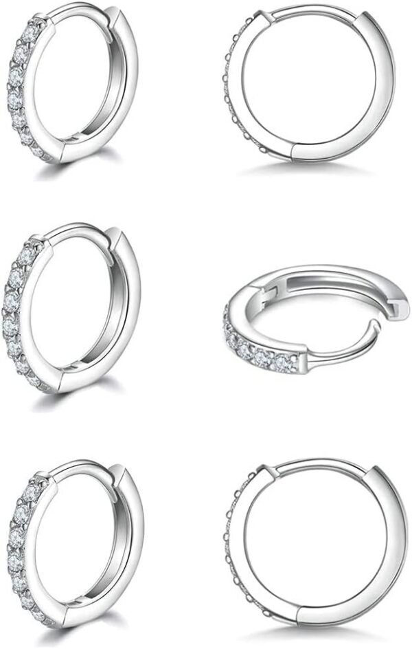 925 Sterling Silver Small Hoop Earrings Cubic Zirconia Huggie Hoop Earrings, 3 Pairs 14K White Gold Plated Cartilage Piercing Earrings Ear Cuff Tiny Hoop Earrings for Women Men
