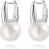 925 Sterling Silver Hoop Handpicked AAA+ Quality 7.5-8mm White Freshwater Cultured Pearl Dangle Drop Earrings Jewelry for Women