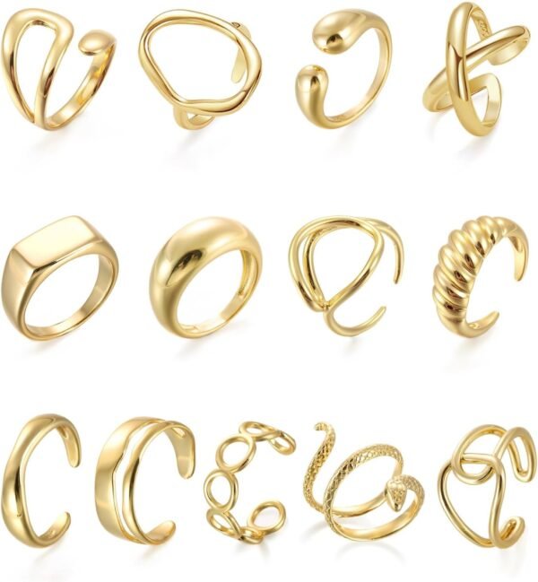 61-snWN67HL._AC_SL1500.jpg 10PCS Gold Dome Chunky Rings for Women 18K Gold Plated Braided Twisted Round Signet Rings Adjustable Open Ring Band Statement Jewelry Size 7-9