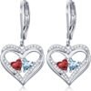 Heart Leverback Earrings Double Birthstone Dangle Earrings for Women, Love Jewelry for Her, Christmas Gifts for Women, Anniversary Birthday Gift for Mom Wife Girlfriend