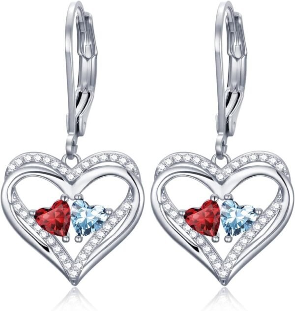 Heart Leverback Earrings Double Birthstone Dangle Earrings for Women, Love Jewelry for Her, Christmas Gifts for Women, Anniversary Birthday Gift for Mom Wife Girlfriend
