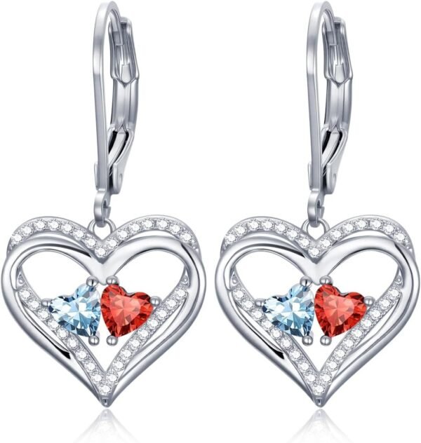 Heart Leverback Earrings Double Birthstone Dangle Earrings for Women, Love Jewelry for Her, Christmas Gifts for Women, Anniversary Birthday Gift for Mom Wife Girlfriend