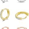 925 Sterling Silver Small Hoop Earrings Cubic Zirconia Huggie Hoop Earrings, 3 Pairs 14K White Gold Plated Cartilage Piercing Earrings Ear Cuff Tiny Hoop Earrings for Women Men