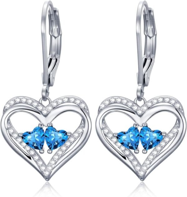 Heart Leverback Earrings Double Birthstone Dangle Earrings for Women, Love Jewelry for Her, Christmas Gifts for Women, Anniversary Birthday Gift for Mom Wife Girlfriend