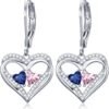 Heart Leverback Earrings Double Birthstone Dangle Earrings for Women, Love Jewelry for Her, Christmas Gifts for Women, Anniversary Birthday Gift for Mom Wife Girlfriend