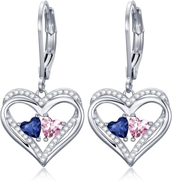 Heart Leverback Earrings Double Birthstone Dangle Earrings for Women, Love Jewelry for Her, Christmas Gifts for Women, Anniversary Birthday Gift for Mom Wife Girlfriend