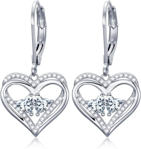 Heart Leverback Earrings Double Birthstone Dangle Earrings for Women, Love Jewelry for Her, Christmas Gifts for Women, Anniversary Birthday Gift for Mom Wife Girlfriend