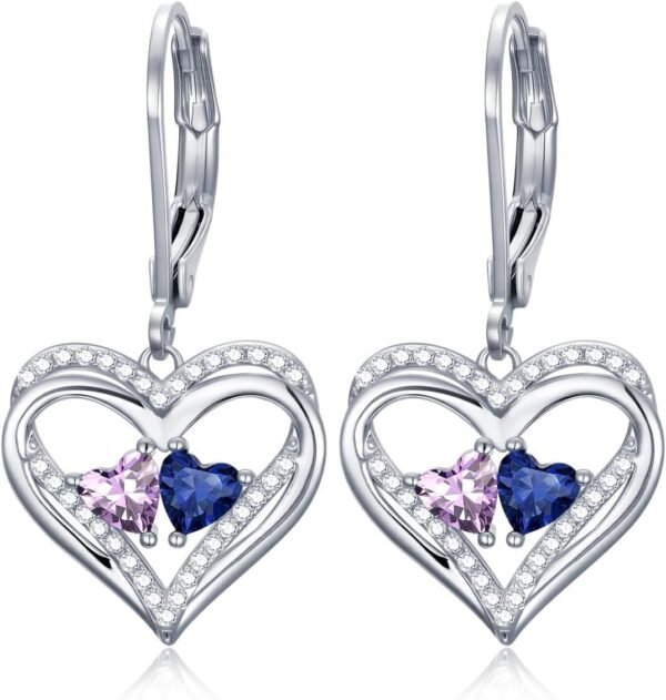 Heart Leverback Earrings Double Birthstone Dangle Earrings for Women, Love Jewelry for Her, Christmas Gifts for Women, Anniversary Birthday Gift for Mom Wife Girlfriend