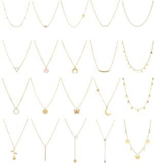 20PCS 14K Gold Plated Choker Necklaces for Women, Dainty Gold Diamond Coin Pearl Pendant Simple Chain Necklace Set Cute Gold Layered Necklaces for Women Teen Jewelry Gifts