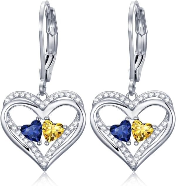Heart Leverback Earrings Double Birthstone Dangle Earrings for Women, Love Jewelry for Her, Christmas Gifts for Women, Anniversary Birthday Gift for Mom Wife Girlfriend