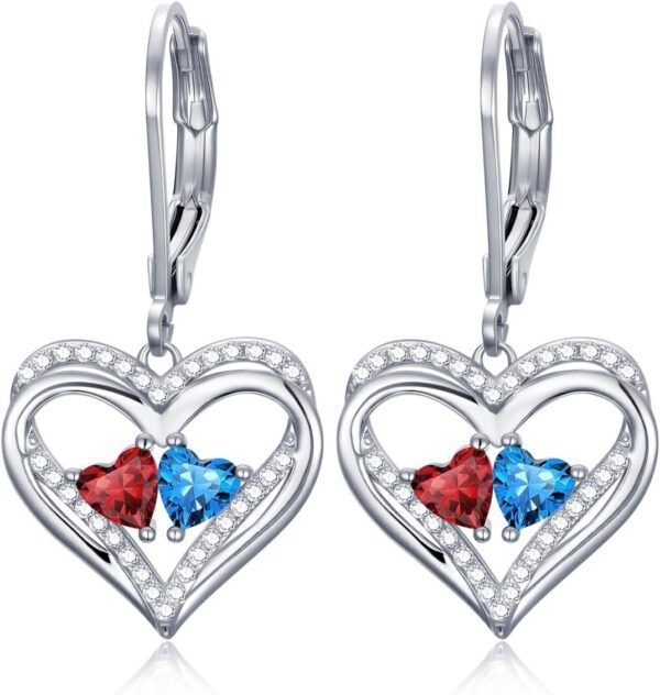 Heart Leverback Earrings Double Birthstone Dangle Earrings for Women, Love Jewelry for Her, Christmas Gifts for Women, Anniversary Birthday Gift for Mom Wife Girlfriend