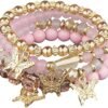 4 Pcs Cute Butterfly Charm Bracelets Set Gold Beaded Stackable Stretch Bracelets Bohemian Summer Jewelry Gifts for Women