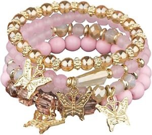 4 Pcs Cute Butterfly Charm Bracelets Set Gold Beaded Stackable Stretch Bracelets Bohemian Summer Jewelry Gifts for Women