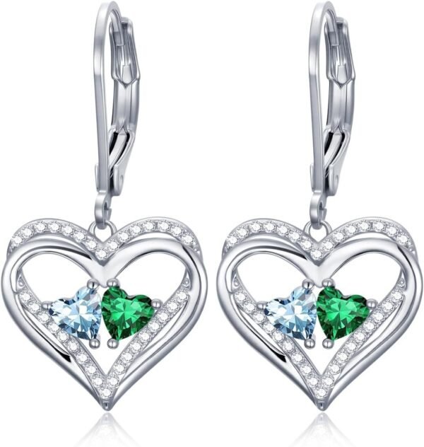 Heart Leverback Earrings Double Birthstone Dangle Earrings for Women, Love Jewelry for Her, Christmas Gifts for Women, Anniversary Birthday Gift for Mom Wife Girlfriend