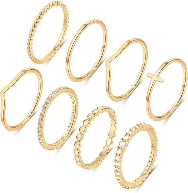 8PCS 14K Gold/Silver Rings Set for Women Non Tarnish Dainty CZ Simulated Diamond Ring Eternity Wedding Band Gold Stackable Thumb Rings Size 4-12