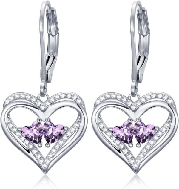 Heart Leverback Earrings Double Birthstone Dangle Earrings for Women, Love Jewelry for Her, Christmas Gifts for Women, Anniversary Birthday Gift for Mom Wife Girlfriend
