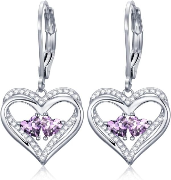 Heart Leverback Earrings Double Birthstone Dangle Earrings for Women, Love Jewelry for Her, Christmas Gifts for Women, Anniversary Birthday Gift for Mom Wife Girlfriend