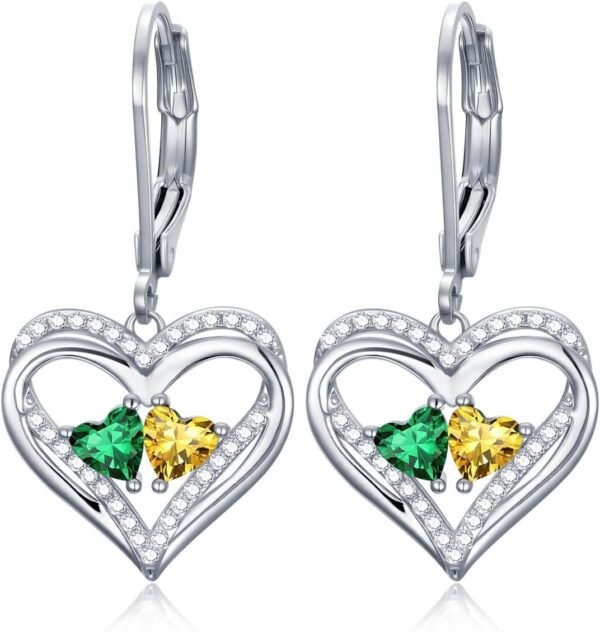 Heart Leverback Earrings Double Birthstone Dangle Earrings for Women, Love Jewelry for Her, Christmas Gifts for Women, Anniversary Birthday Gift for Mom Wife Girlfriend