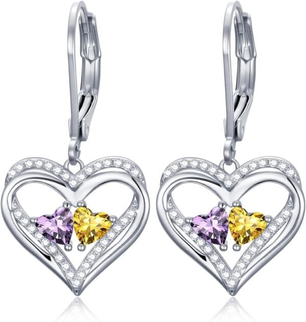 Heart Leverback Earrings Double Birthstone Dangle Earrings for Women, Love Jewelry for Her, Christmas Gifts for Women, Anniversary Birthday Gift for Mom Wife Girlfriend