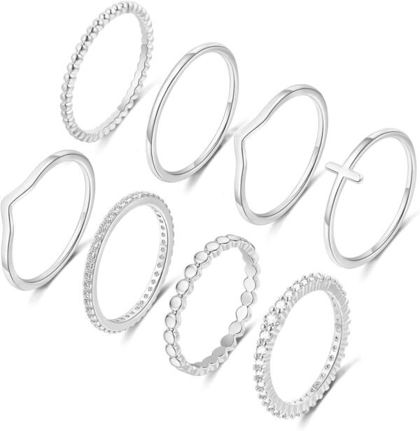 8PCS 14K Gold/Silver Rings Set for Women Non Tarnish Dainty CZ Simulated Diamond Ring Eternity Wedding Band Gold Stackable Thumb Rings Size 4-12