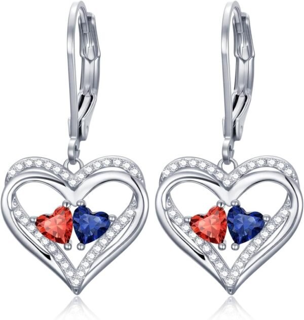 Heart Leverback Earrings Double Birthstone Dangle Earrings for Women, Love Jewelry for Her, Christmas Gifts for Women, Anniversary Birthday Gift for Mom Wife Girlfriend