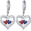 Heart Leverback Earrings Double Birthstone Dangle Earrings for Women, Love Jewelry for Her, Christmas Gifts for Women, Anniversary Birthday Gift for Mom Wife Girlfriend