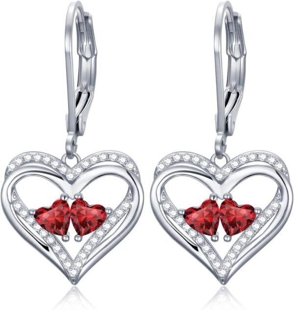 Heart Leverback Earrings Double Birthstone Dangle Earrings for Women, Love Jewelry for Her, Christmas Gifts for Women, Anniversary Birthday Gift for Mom Wife Girlfriend
