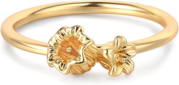 Birth Flower Ring for Women 14K Gold Plated Floral Minimalist Stackable Finger Jewelry Birthday Gifts