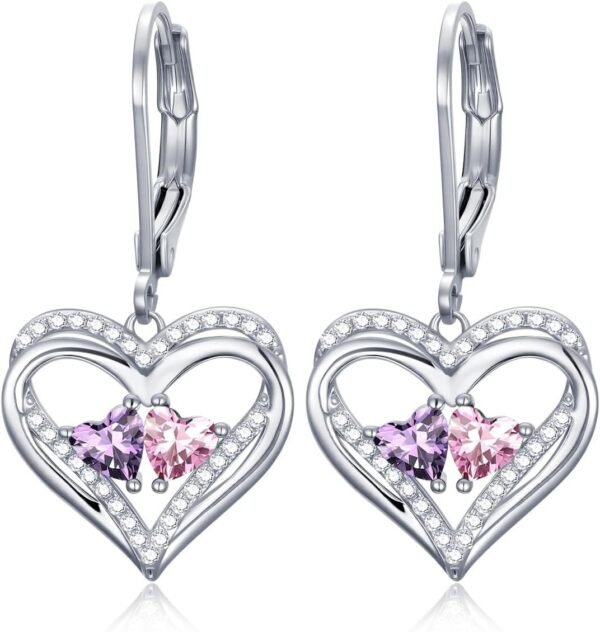 Heart Leverback Earrings Double Birthstone Dangle Earrings for Women, Love Jewelry for Her, Christmas Gifts for Women, Anniversary Birthday Gift for Mom Wife Girlfriend