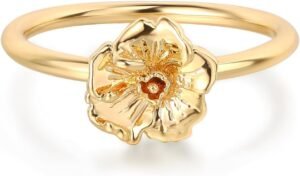 Birth Flower Ring for Women 14K Gold Plated Floral Minimalist Stackable Finger Jewelry Birthday Gifts