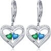 Heart Leverback Earrings Double Birthstone Dangle Earrings for Women, Love Jewelry for Her, Christmas Gifts for Women, Anniversary Birthday Gift for Mom Wife Girlfriend