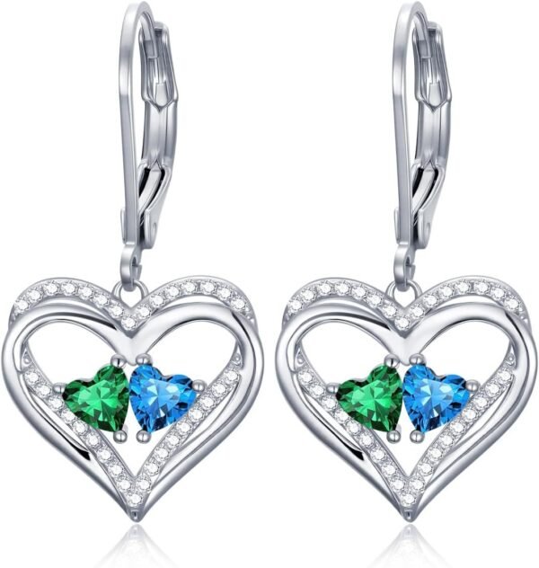 Heart Leverback Earrings Double Birthstone Dangle Earrings for Women, Love Jewelry for Her, Christmas Gifts for Women, Anniversary Birthday Gift for Mom Wife Girlfriend