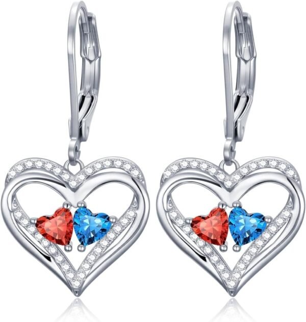 Heart Leverback Earrings Double Birthstone Dangle Earrings for Women, Love Jewelry for Her, Christmas Gifts for Women, Anniversary Birthday Gift for Mom Wife Girlfriend