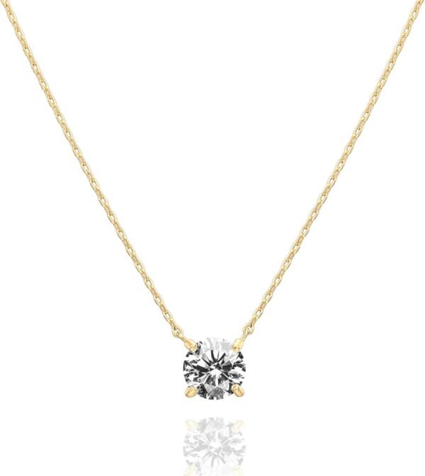 14K Gold Plated Crystal Solitaire 1.5 Carat (7.3mm) Cubic Zirconia Dainty Choker Necklace | Gold Necklaces for Women