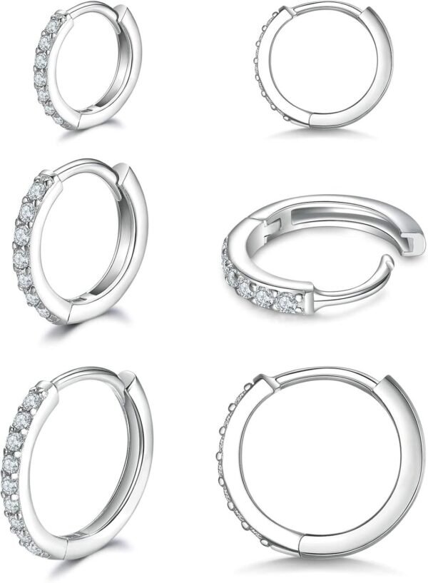 925 Sterling Silver Small Hoop Earrings Cubic Zirconia Huggie Hoop Earrings, 3 Pairs 14K White Gold Plated Cartilage Piercing Earrings Ear Cuff Tiny Hoop Earrings for Women Men