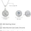 Womens Sterling Silver Cubic Zirconia Halo Pendant Necklace and Stud Earrings Jewelry Set