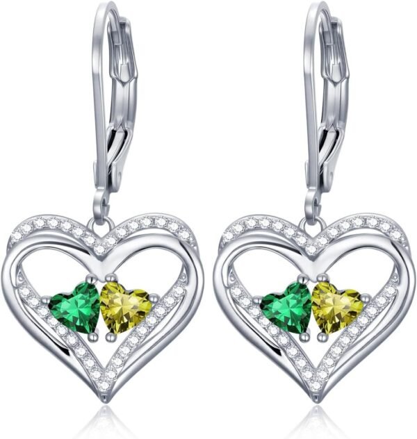 Heart Leverback Earrings Double Birthstone Dangle Earrings for Women, Love Jewelry for Her, Christmas Gifts for Women, Anniversary Birthday Gift for Mom Wife Girlfriend