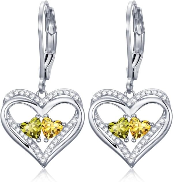 Heart Leverback Earrings Double Birthstone Dangle Earrings for Women, Love Jewelry for Her, Christmas Gifts for Women, Anniversary Birthday Gift for Mom Wife Girlfriend