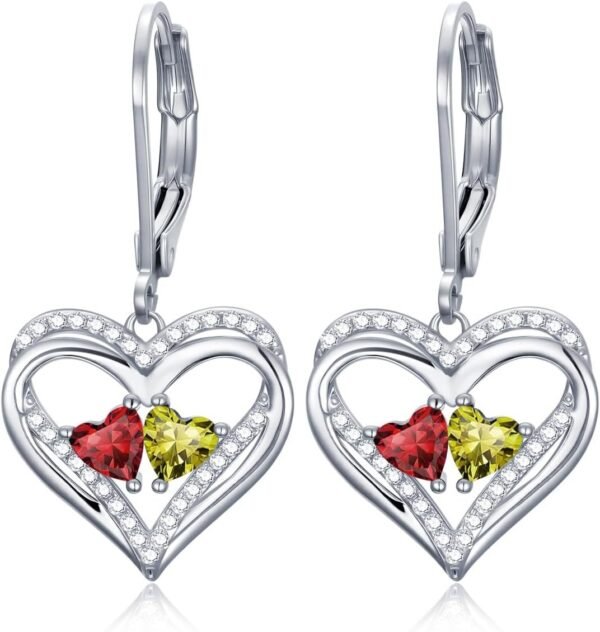Heart Leverback Earrings Double Birthstone Dangle Earrings for Women, Love Jewelry for Her, Christmas Gifts for Women, Anniversary Birthday Gift for Mom Wife Girlfriend