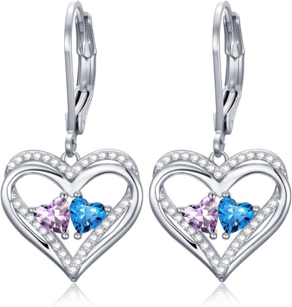 Heart Leverback Earrings Double Birthstone Dangle Earrings for Women, Love Jewelry for Her, Christmas Gifts for Women, Anniversary Birthday Gift for Mom Wife Girlfriend