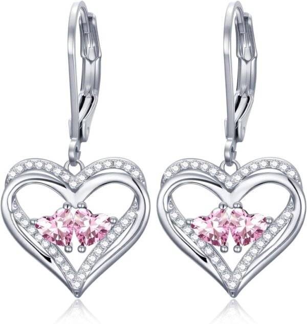 Heart Leverback Earrings Double Birthstone Dangle Earrings for Women, Love Jewelry for Her, Christmas Gifts for Women, Anniversary Birthday Gift for Mom Wife Girlfriend