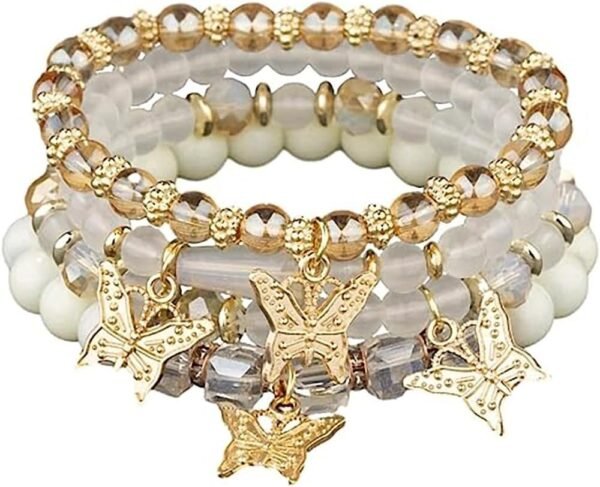 4 Pcs Cute Butterfly Charm Bracelets Set Gold Beaded Stackable Stretch Bracelets Bohemian Summer Jewelry Gifts for Women