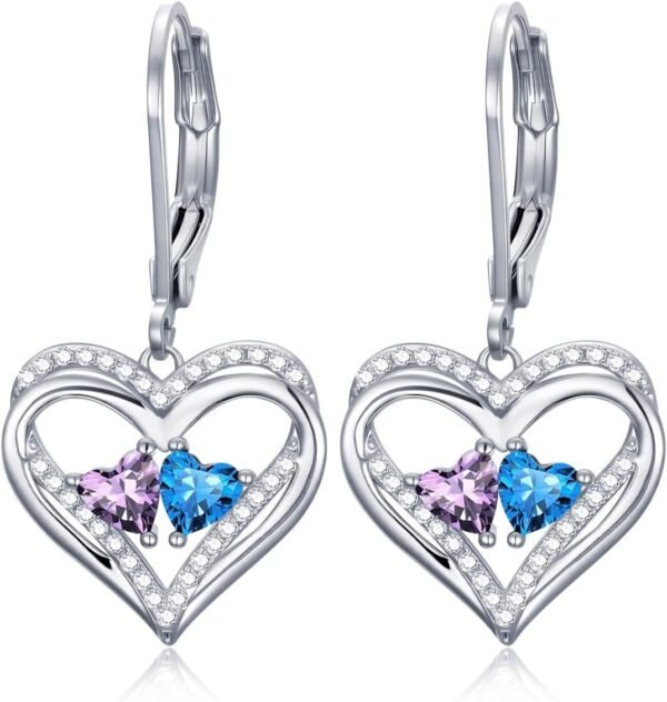 Heart Leverback Earrings Double Birthstone Dangle Earrings for Women, Love Jewelry for Her, Christmas Gifts for Women, Anniversary Birthday Gift for Mom Wife Girlfriend