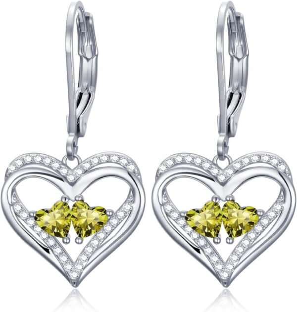 Heart Leverback Earrings Double Birthstone Dangle Earrings for Women, Love Jewelry for Her, Christmas Gifts for Women, Anniversary Birthday Gift for Mom Wife Girlfriend