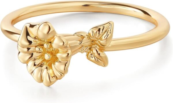 Birth Flower Ring for Women 14K Gold Plated Floral Minimalist Stackable Finger Jewelry Birthday Gifts